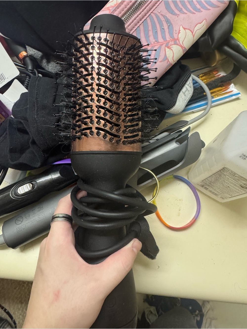 Round Volumizing Hair Brush with Black Handle and Rose Gold Barrel